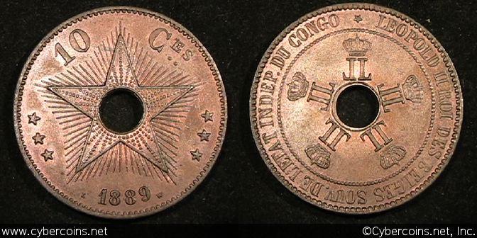 Belgian Congo, 1889, 10 Centimes, KM4 - unc