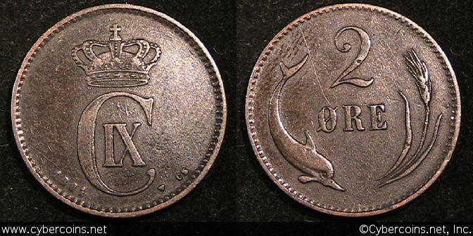 Denmark, 1881, 2 ore, VF/XF, KM793.1 -