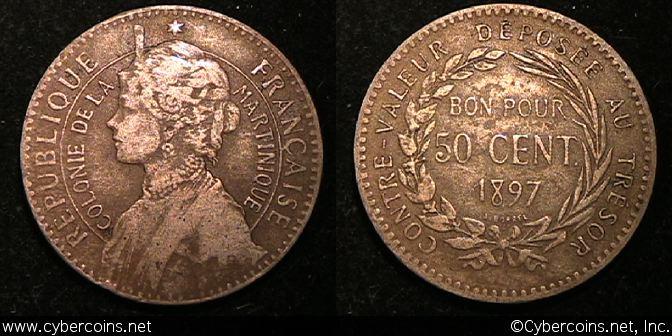 Martinique, 1897, 50 Centimes, KM40 - F/VF