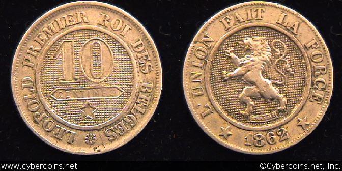 Belgium, 1862, 10 centimes, XF, KM22, Double date