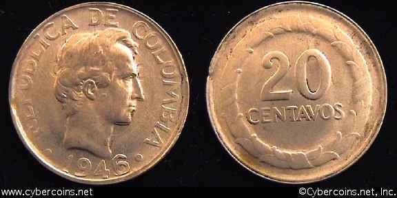 Columbia, 1946/5, 20 centavos, AU, KM208.1
