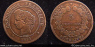 France, 1874A, 5 centimes, VF, KM821.1, Y43.1