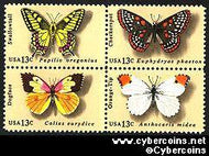 Scott 1712-15 mint 13c -  Butterflies, 4 varieties, attached