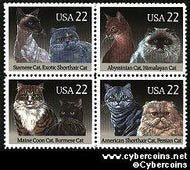 Scott 2372-75 mint 22c - Cats, 4 varieties, attached