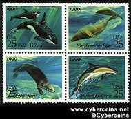 Scott 2508-11 mint 25c - Sea Creatures, 4 attached