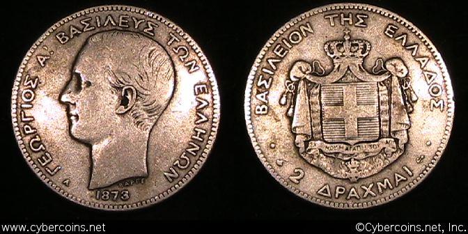 Greece, 1873A, 2 drachmai, KM39, VF