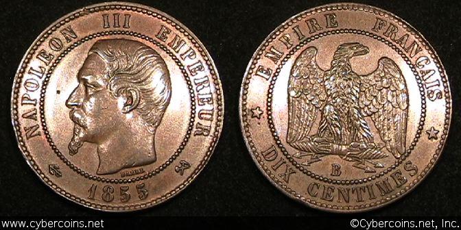 France, 1855B, 10 centimes, KM771.2, XF/AU