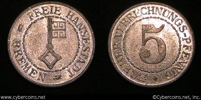 Bremen, 1924, 5 Pfennig, KMTn2, AU/XF