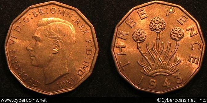 Great Britain, 1943, 3 pence, UNC, KM849
