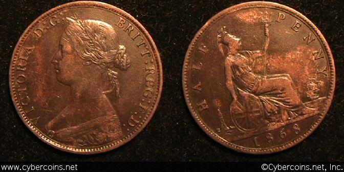 Great Britain, 1868, 1/2 penny, XF, KM748.2  Great Britain, 1868, 1/2 penny, XF,