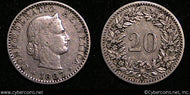Switzerland, 1887B, 20 rappen, VF, KM29 -