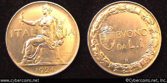Italy, 1924, 1 lira, AU, KM62