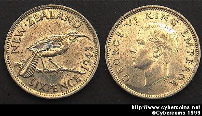 New Zealand, 1943, 6 pence, AU, KM8
