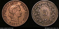 Switzerland, 1884B, 5 rappen, XF, KM26