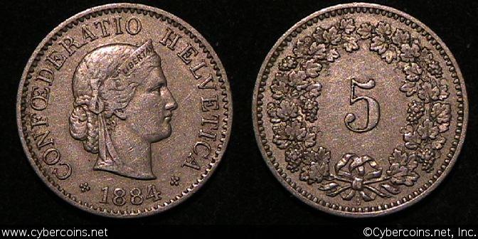 Switzerland, 1884B, 5 rappen, XF, KM26