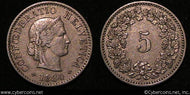 Switzerland, 1884B, 5 rappen, XF, KM26