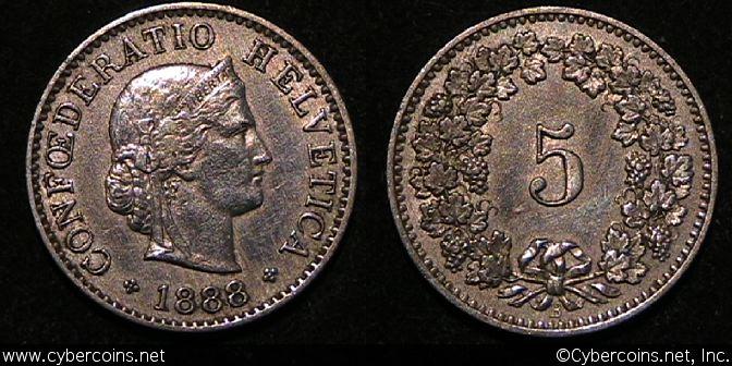 Switzerland, 1888B, 5 rappen, XF, KM26