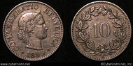 Switzerland, 1880B, 10 rappen, XF, KM27