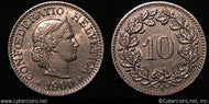 Switzerland, 1900B, 10 rappen, XF/AU, KM27