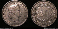 Switzerland, 1884B, 20 rappen, XF, KM29