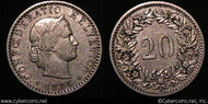 Switzerland, 1884B,  20 rappen, XF, KM29