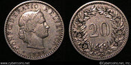 Switzerland, 1884B, 20 rappen, XF, KM29