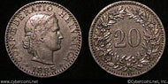 Switzerland, 1885B, 20 rappen, XF, KM29