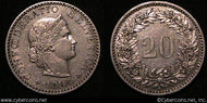 Switzerland, 1894B, 20 rappen, XF, KM29