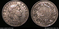 Switzerland, 1907B, 20 rappen, XF, KM29