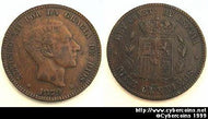 Spain, 1879OM, 10 centimos, XF cleaned, KM675