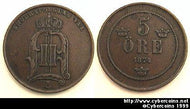 Sweden, 1874, 5 ore, XF, KM736