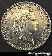 Switzerland, 1887B 7/7, 20 rappen, AU, KM29