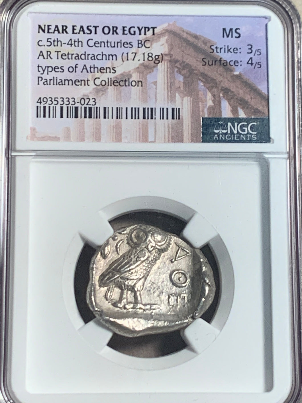 Silver Egyptian Struck Owl, 5th-4th century BC, Tetrdrachm, NGC Mint State strike 3/5, surface 4/5
