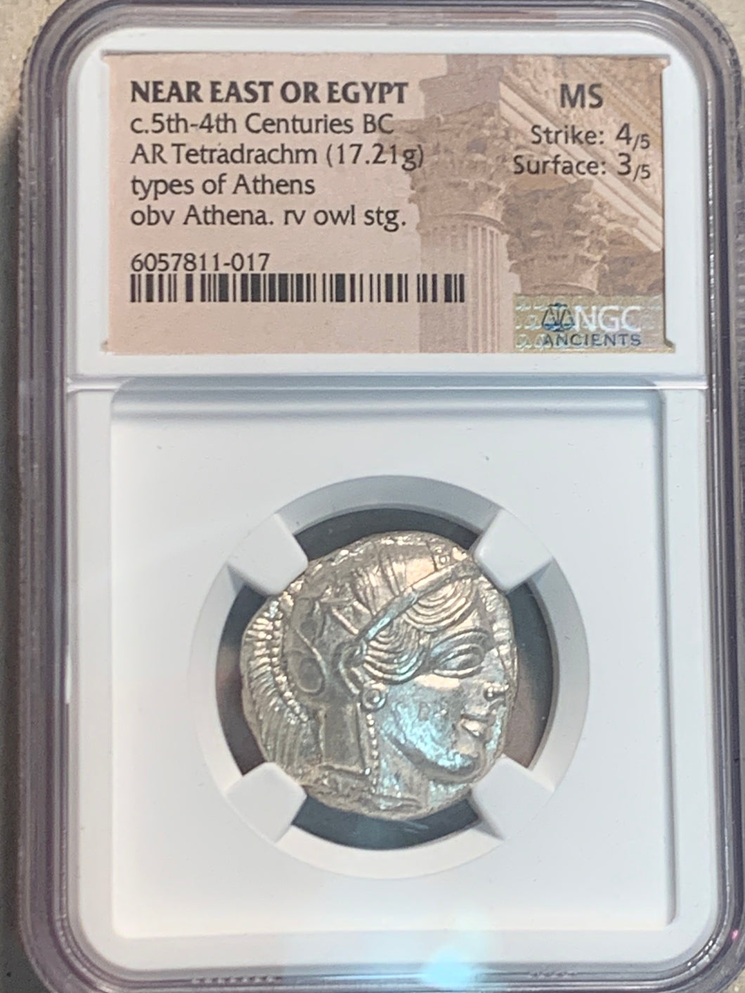 Silver Egyptian Struck Owl, Luster! 5th-4th century BC, Tetrdrachm, NGC Mint State strike 4/5, surface 3/5