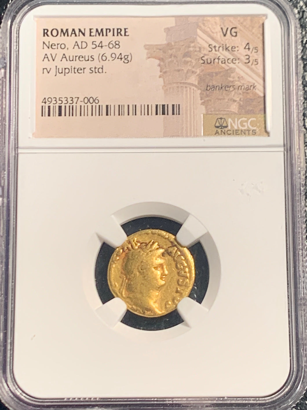 Roman Empire, Nero, gold Aureus AD  54-68, Jupiter standing, NGC authenticated