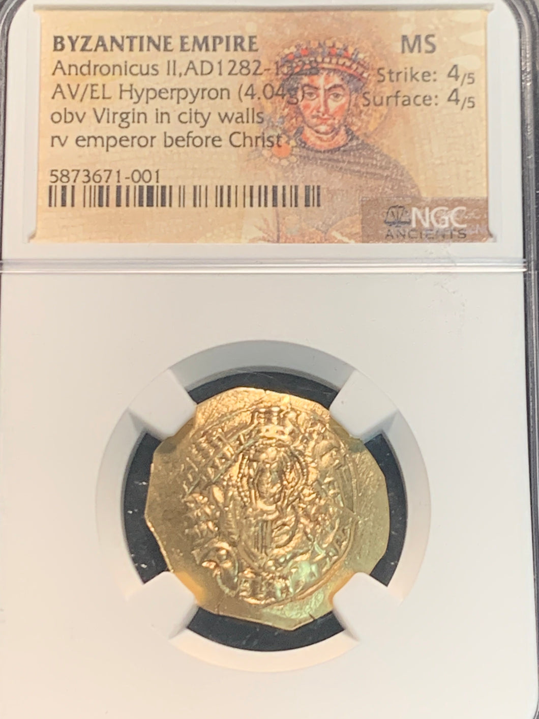 Byzantine Empire, 1282-1328 AD, Andronicus II, Gold Hyperpyron, 4.04g, NGC authenticated. Strike 4/5, Surface 4/5