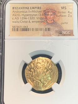Byzantine Empire, 1294-1320 AD, Andronicus II, Michael IX, Gold Hyperpyron, 3.97g, NGC authenticated. Strike 4/5, Surface 2/5