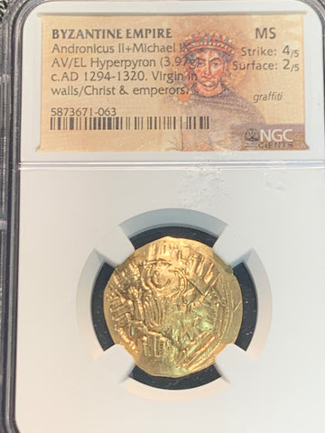 Byzantine Empire, 1294-1320 AD, Andronicus II, Michael IX, Gold Hyperpyron, 3.97g, NGC authenticated. Strike 4/5, Surface 2/5