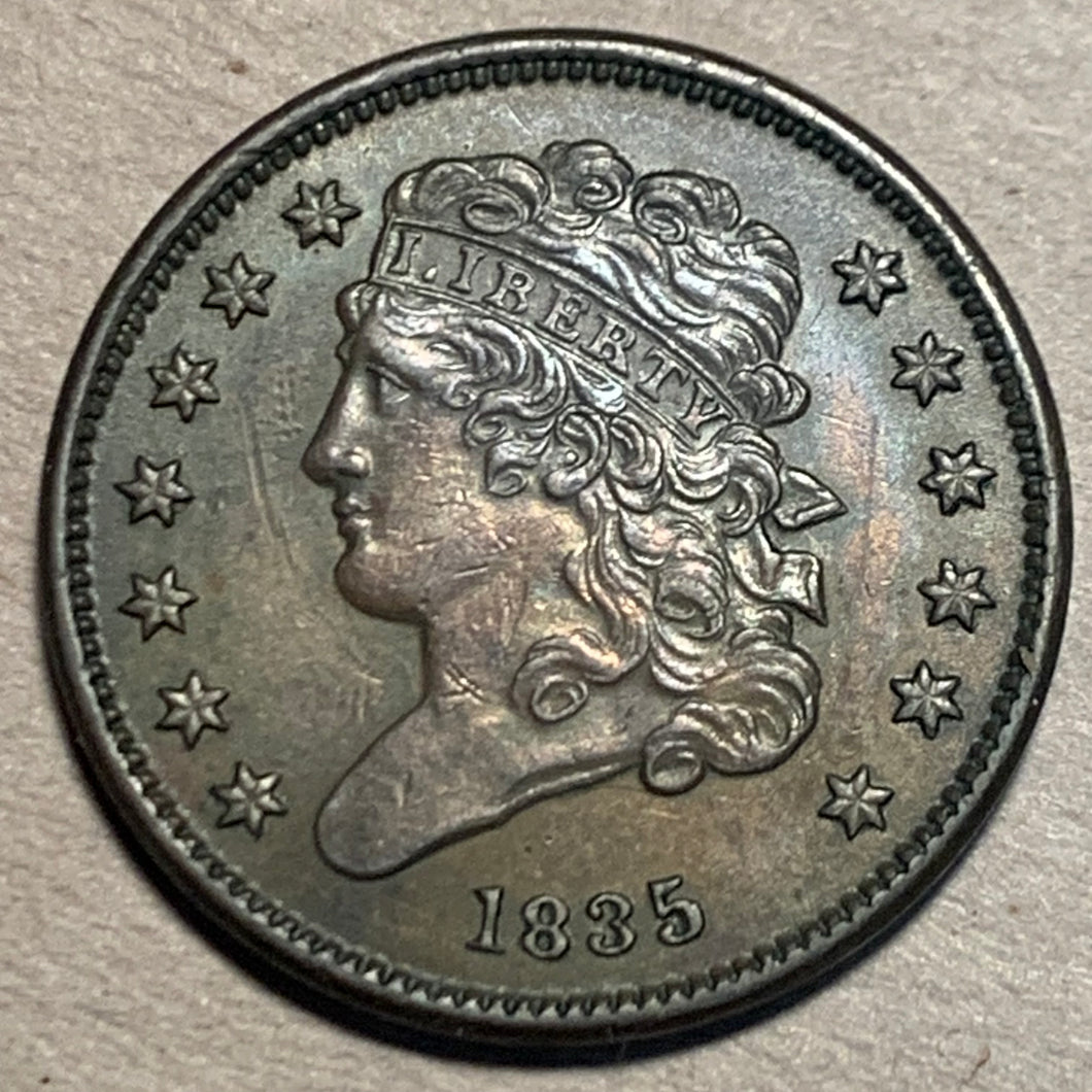1835 Classic Head Half Cent, AU 55, a few marks on obverse
