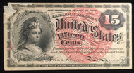 US Fractional Currency 15 cents - Allison, Spinner. AU condition but damaged in upper left corner.