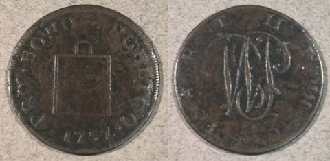 1757 British Farthing Token, corroded F