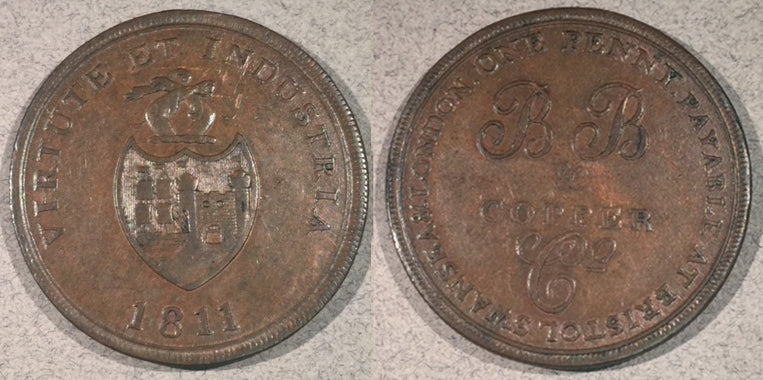 1811 Virtute Et Industria Token. B & B (Bristol Brass) and Copper Co. Payable at Bristol Swansea and London One Penny. XF+