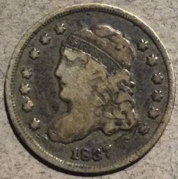1837 Cap Bust Half Dime, Grade= F, last year of the bust half dimes, a few minor marks