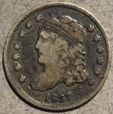 1837 Cap Bust Half Dime, Grade= F, last year of the bust half dimes, a few minor marks