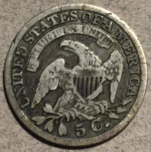 1837 Cap Bust Half Dime, Grade= F, last year of the bust half dimes, a few minor marks