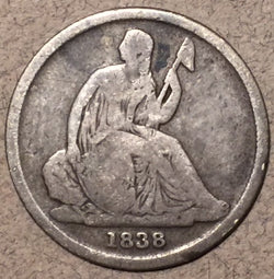 1838-O Seated Liberty Dime, Grade= VG, no stars