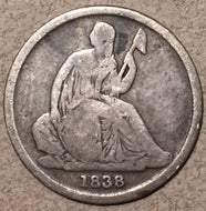 1838-O Seated Liberty Dime, Grade= VG, no stars