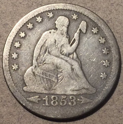 1853 O arrows and rays Seated Quarter, Grade= F