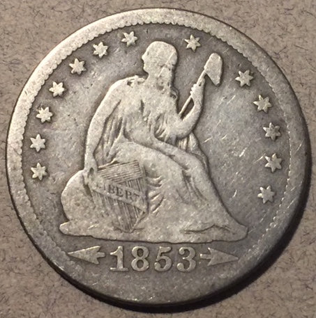 1853 O arrows and rays Seated Quarter, Grade= F