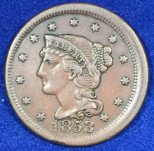 1853, XF, Braided Hair Large Cent, error- off center obverse